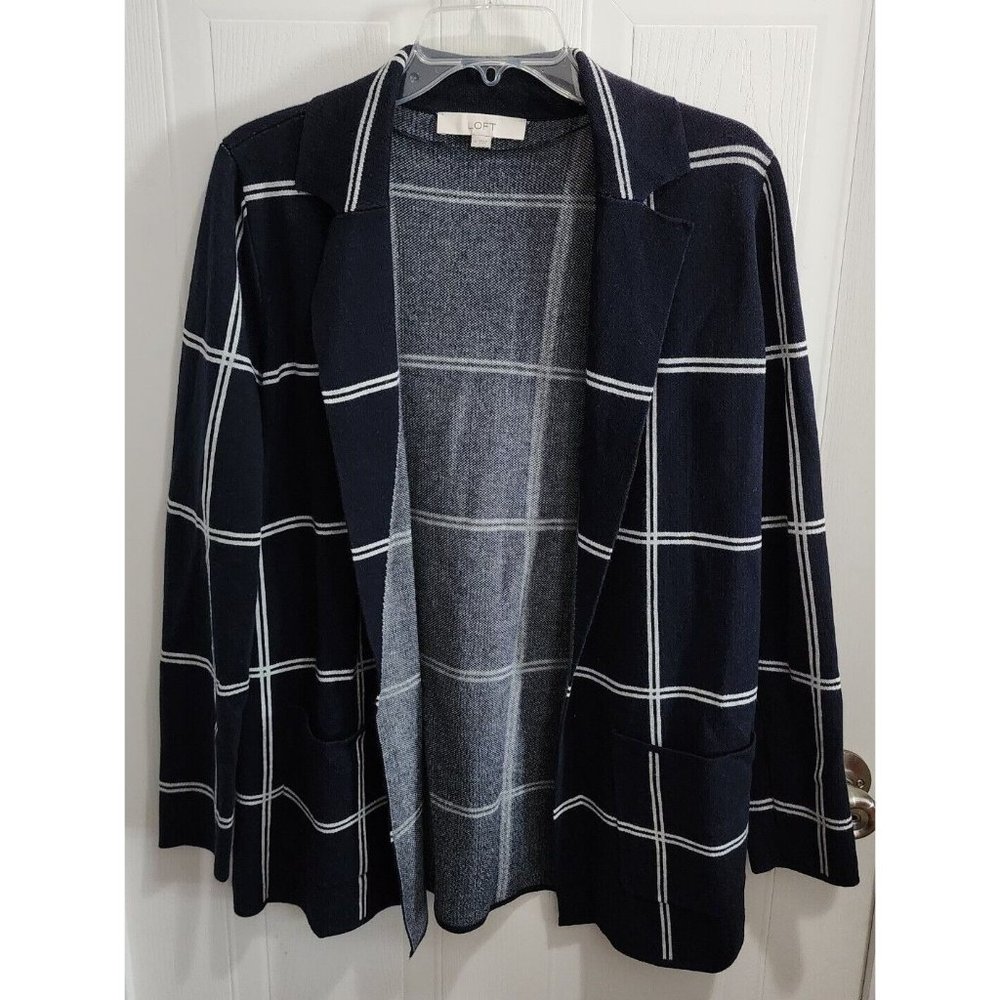 LOFT Women's‎ Long Sleeve Open Front Cardigan Sweater Collared Windowpane Size M